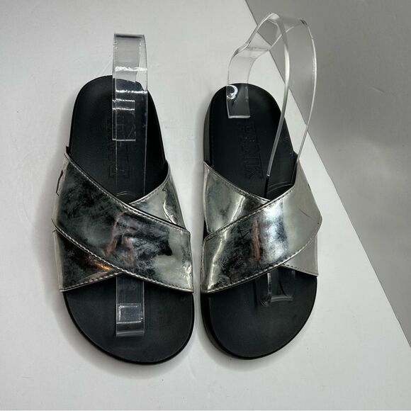 PINK Victoria’s Secret Silver and Black slide on Sandals with Metallic Straps - Picture 3 of 7